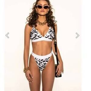 Oceanus Gigi Bikini Set Hand Beaded Black/White Animal Print Size XS NWT